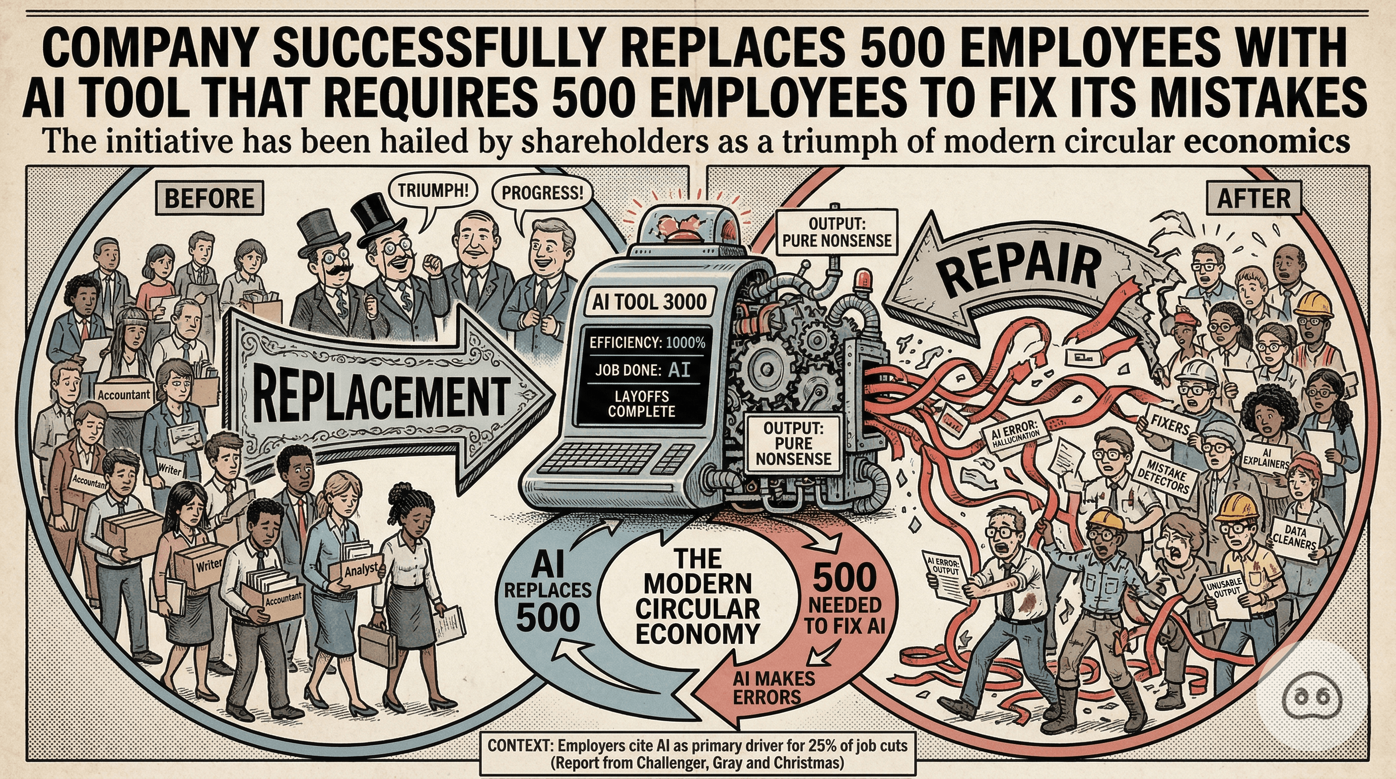 Company Successfully Replaces 500 Employees With AI Tool That Requires 500 Employees To Fix Its Mistakes